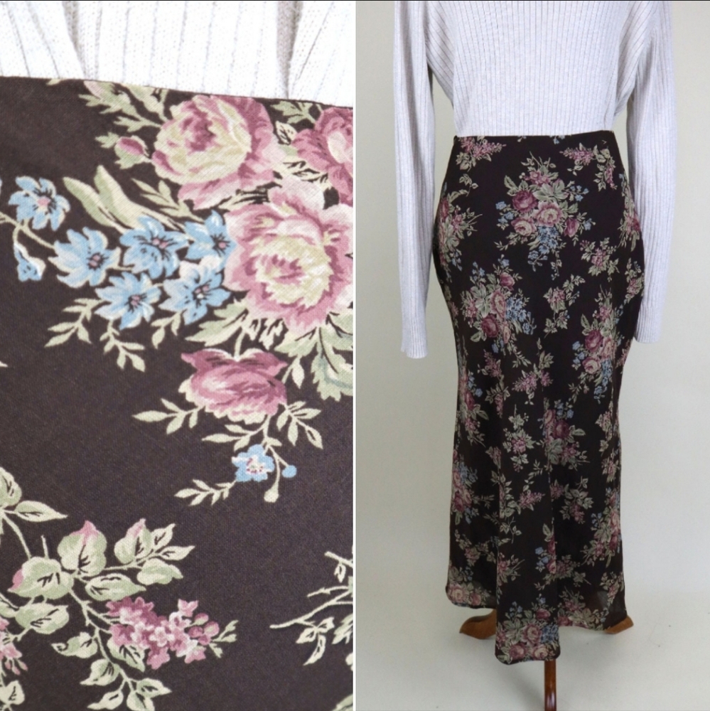 90s Vintage Ralph Lauren Brown Floral Chiffon Autumnal Skirt